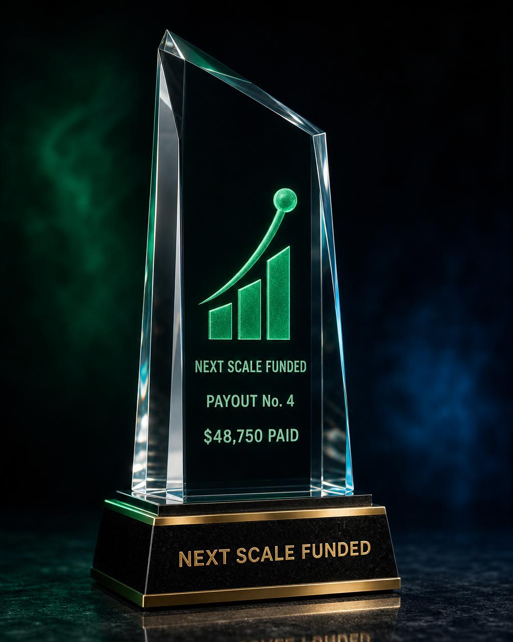 Next Scale Funded crystal payout trophy engraved Payout No. 4, $48,750 paid