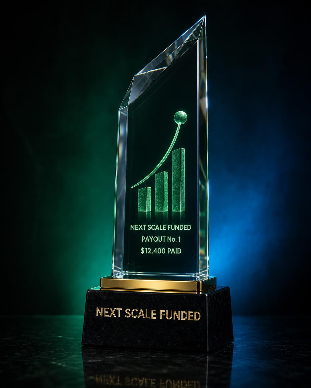 Next Scale Funded crystal payout trophy engraved Payout No. 1, $12,400 paid