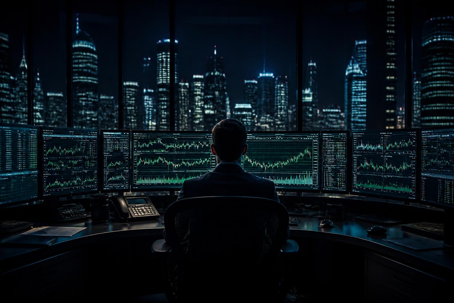 Professional multi-monitor trading desk at night with green charts